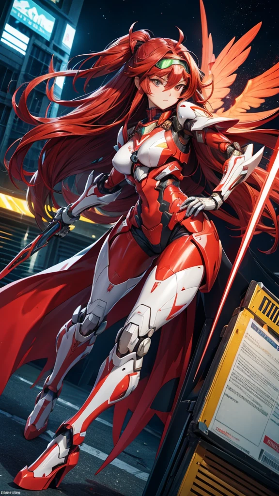 Female mecha with long straight red hair,Female robot,goggles , Sci-fi fluorescent armor, Chest,mechanical joint,wing,thigh, High heel, sci-fi sword,City
