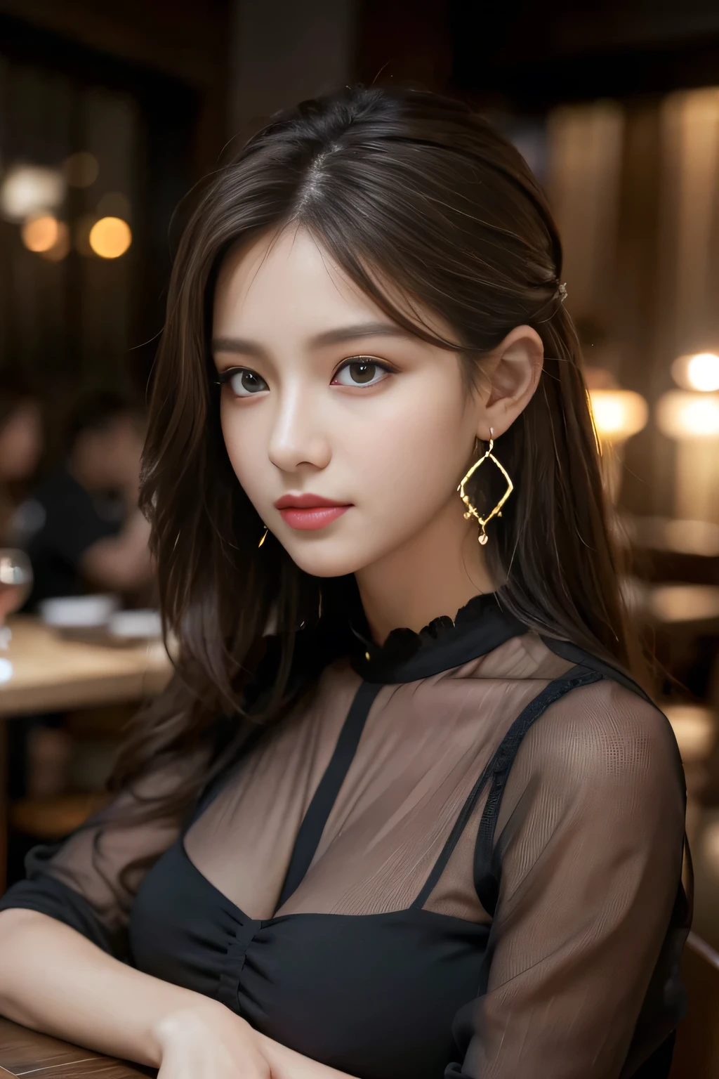 masterpiece, highest quality, Realistic, Very detailed, Finer details, High resolution, 8k wallpaper, One beautiful woman, Wear a black see-through shirt, In a great restaurant, At night, Light brown messy hair, Perfect dynamic composition, Beautiful and beautiful eyes、Big earrings