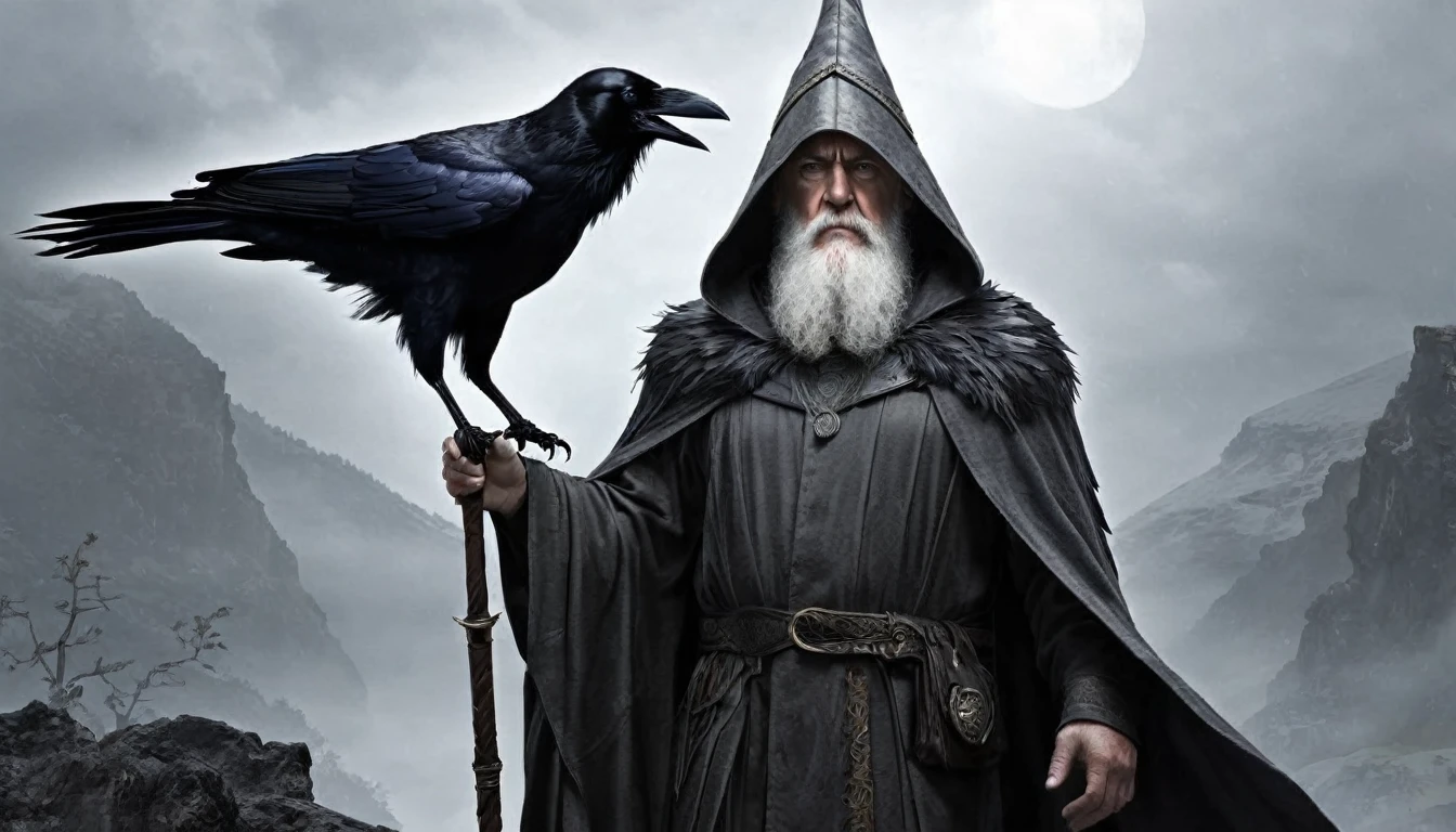 Odin is one of the few Immortals who forgoes an immaculare appearance: his Manifestation Form is that of a bearded old man with broad shoulders but a bent back. He dresses all in grey, from his weatherbeaten hat to his tattered cloak, and leans on a staff (in fact, his spear +5) as he walks. He wears a patch over one eye. Wherever he goes, his two pet ravens. Hugin and Mugin, will be somewhere nearby.
Symbol: Silhouettes of two ravens fac- ing one another, with the head of a man berween them; they whisper into his ears.