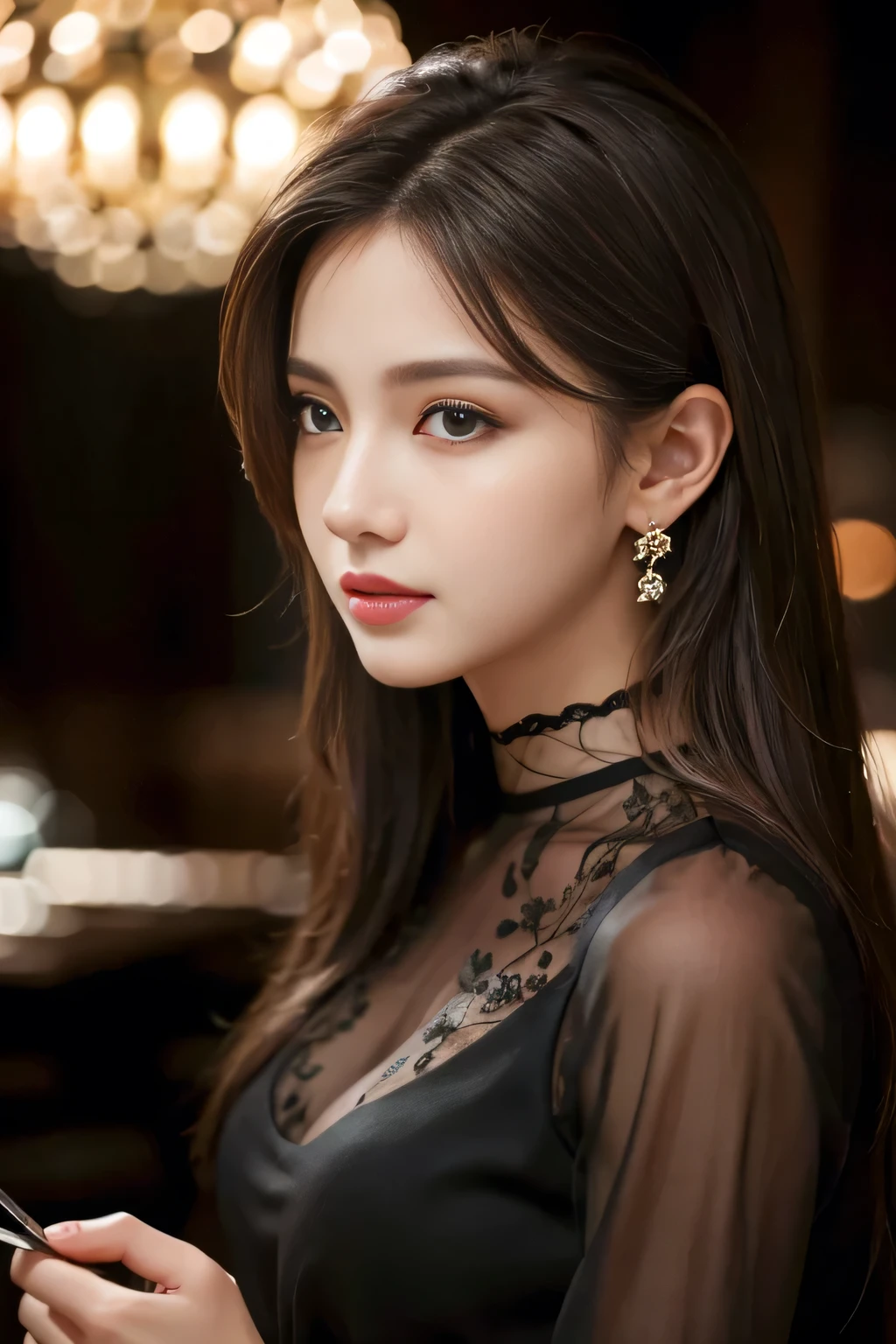 masterpiece, highest quality, Realistic, Very detailed, Finer details, High resolution, 8k wallpaper, One beautiful woman, Wear an elegant black see-through shirt, In a great restaurant, At night, Light brown messy hair、 Perfect dynamic composition, Beautiful and beautiful eyes、Big earrings