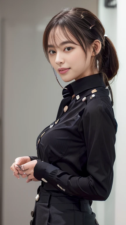 company employee、(Body turned to the side、Shooting from the side、Looking to the side,Shooting from the side:1.6),Not looking here、(General shirt、Wearing a white blouse、Wearing a typical business suit),(The fourth button on her blouse is slightly open.,Only the fourth button is open、White Button、All buttons except the fourth button are closed、Chest visible through the gap in the button、The edge of the bra is visible through the gap between the buttons.:1.5),Mid-chest、slender、ponytail、Black Hair、Beauty、23 years old、cute、smile、(Long shirt:1.8),Tuck the shirt into the skirt