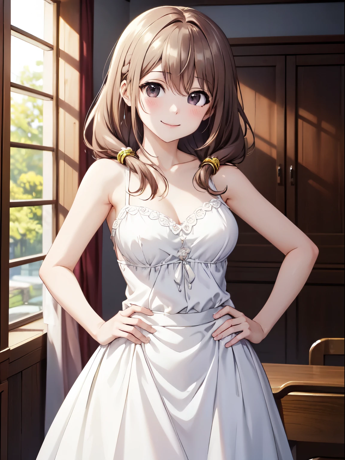 highest quality, High resolution, 4K、Anatomically correct、Shiori Katase,Hands behind your hips、hair ornaments ,smile、Closed Mouth、White long skirt、Absolute reference to the center、Cute no matter who looks at it、clavicle,Absolute reference to center、whole body、Cowboy Shot、Highly detailed face, Perfect lighting, Highly detailed CG