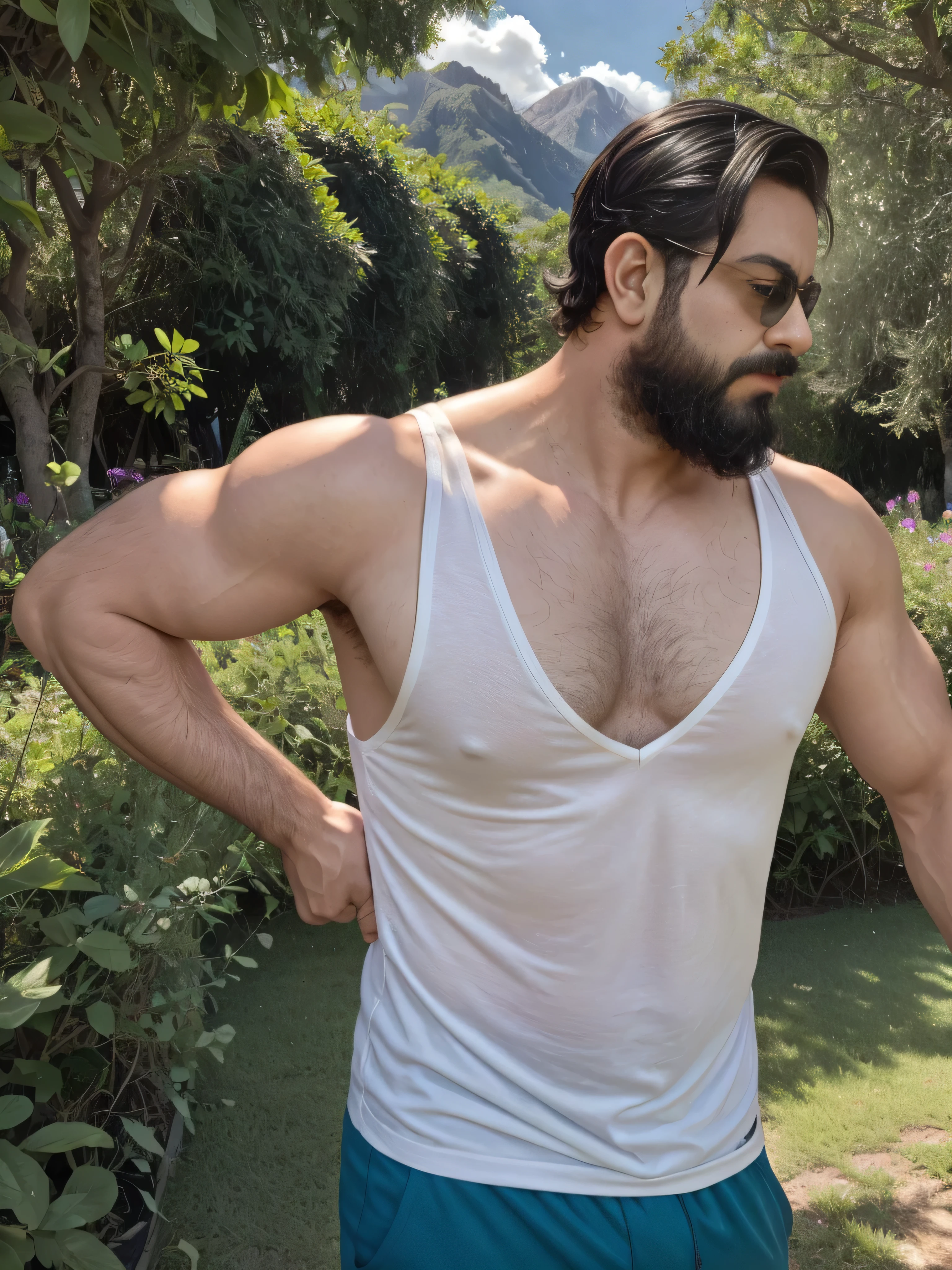 on a sunny day, en medio de un prado verde, A 38-year-old man stands out with his well-groomed beard and dark sunglasses that reflect the glare of the day. Lleva una camisa de cuadros en tonos de azul y blanco, ligeramente desabotonada en el cuello, dejando entrever una camiseta blanca. Su cabello oscuro, un poco despeinado por la brisa, adds a touch of casualness to your style.
The surrounding environment is full of life: flores silvestres en diversos colores salpican el prado, and tall trees with green leaves stretch on the horizon. A lo lejos, majestic mountains can be seen under a clear blue sky with some fluffy white clouds.
The man is captured in a medium shot, mostrando claramente la parte superior de su cuerpo. His hands are relaxed at his sides, and his expression is serene, como si estuviera disfrutando de la tranquilidad del paisaje. The afternoon sunlight bathes the scene, creando sombras suaves y resaltando los colores vivos de la naturaleza y su atuendo. The image conveys a feeling of peace and connection with the natural environment.