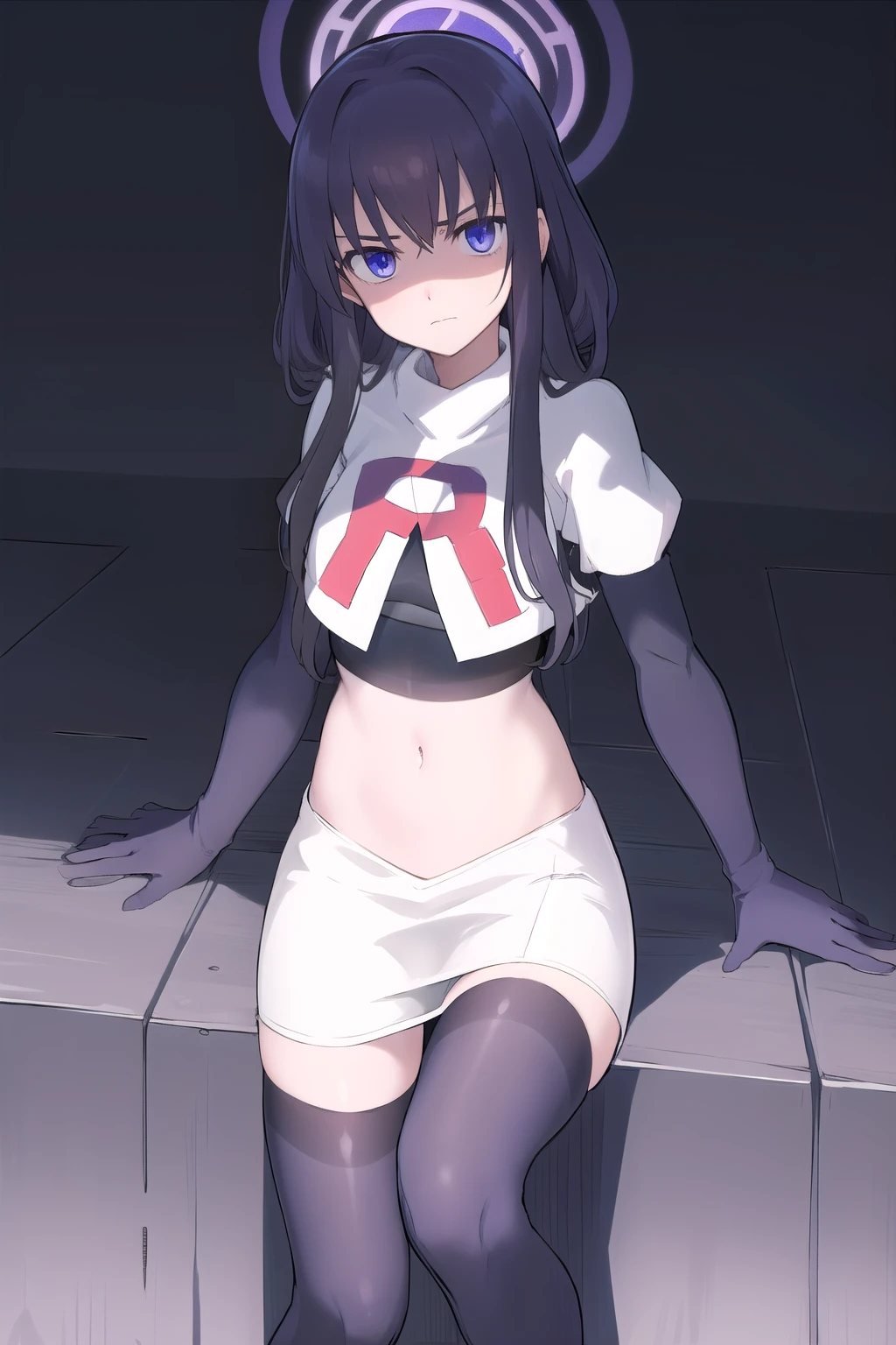 uidef, violet blue eyes,team rocket,team rocket uniform,white skirt,red letter R,crop top,black thigh-highs,black elbow gloves, looking at viewer, moody lighting, facing viewer,expressionless,sanpaku,