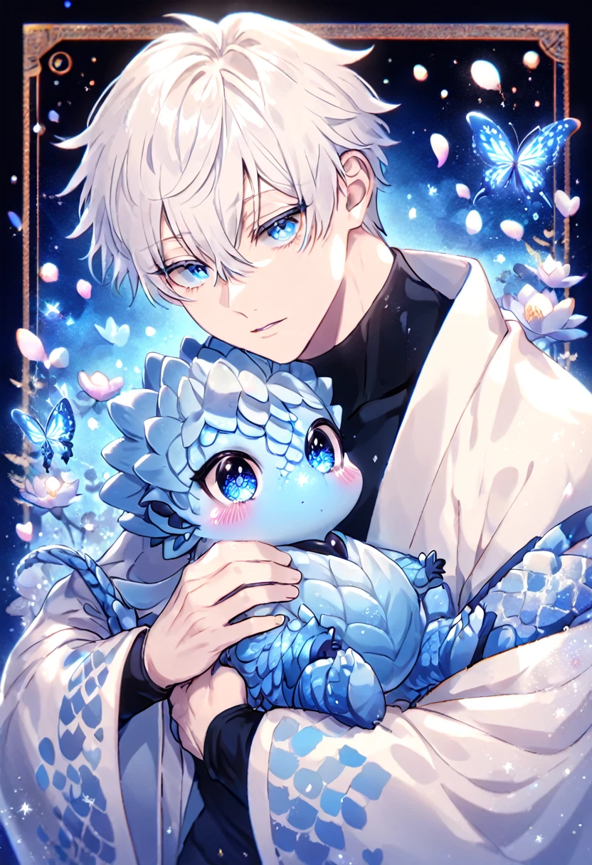 Ultra detailed, Highres, absurdres, HDR, Gojo Satoru, white hair with bangs, expressive blue eyes, hair between the eyes, white eyelashes, white haori with patterns, Jujutsu Kaisen, black tight shirt, fantasy, glittering blue butterflies, petals, handsome, sexy man, very detailed eyes and face, master piece, glittering, blue lotus, blue sapphire background, hugging a blue dragon, cute, love, magical, toned chest