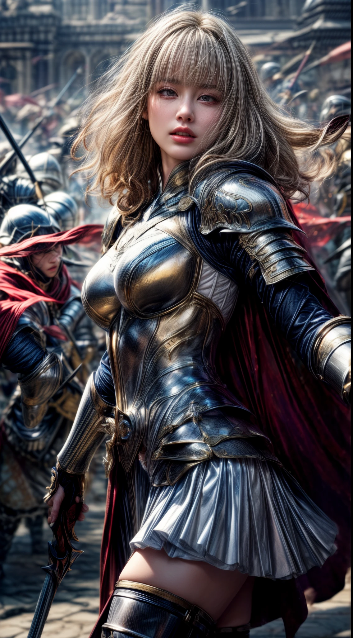 Very beautiful woman、Slender women、(Detailed face)、Realistic Skin、((holy knight)), ((Pearl White Armor))、((((White armor with very delicate and delicate decorations:1.1))))、((Delicate photo)),(Girl Astepeace RAW Photo Details:1.25), (highest quality:1.6), (超A high resolution:1.5), (Realistic:1.75), 8K resolution, Canon EOS R5, 50mm, Absurd, Ultra-detailed,Cinema Lighting,((battlefield))、((battle))、(((White skirt with embellishments)))、Thigh-high socks、Shin Guards、((Blonde))、((Curly Hair))、((Drill Hair))、((Wavy short hair with bangs,))、Get six-pack、Cape、Beautiful Armor、(((Has a huge weapon)))、(In combat)、The wind is blowing、((Symmetrical Armor))、((((Light shines in))))、(((Leading a large group of knights:1.2)))、Banner、Mark of the Goddess、(((Battle Scene)))