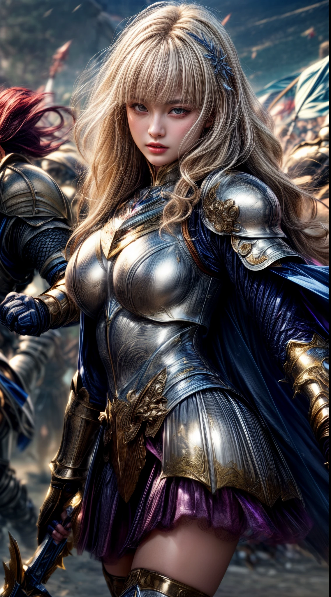 Very beautiful woman、Slender women、(Detailed face)、Realistic Skin、((holy knight)), ((Pearl White Armor))、((((White armor with very delicate and delicate decorations:1.1))))、((Delicate photo))，(Girl Astepeace RAW Photo Details:1.25), (highest quality:1.6), (超A high resolution:1.5), (Realistic:1.75), 8K resolution, Canon EOS R5, 50mm, Absurd, Ultra-detailed,Cinema Lighting,((battlefield))、((battle))、(((White skirt with embellishments)))、Thigh-high socks、Shin Guards、((Blonde))、((Curly Hair))、((Drill Hair))、((Wavy short hair with bangs,))、Get six-pack、Cape、Beautiful Armor、(((Has a huge weapon)))、(In combat)、The wind is blowing、((Symmetrical Armor))、((((Light shines in))))、(((Leading a large group of knights:1.2)))、Banner、Mark of the Goddess、(((Battle Scene)))