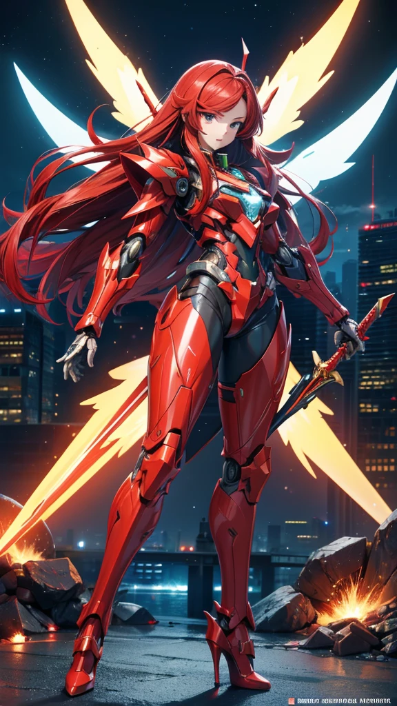 Female mecha with long straight red hair,Female robot , Sci-fi fluorescent armor, Chest,mechanical joint,wing,thigh, High heel, sci-fi sword,City