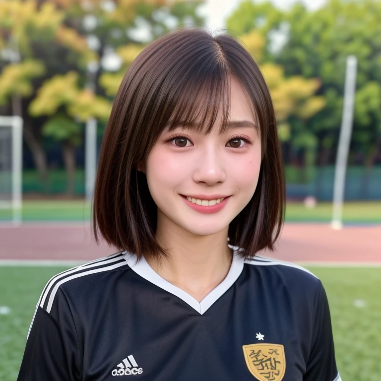 (kawaii 24 year-old Japanese girl, Nogizaka idol, Korean idol, soccer player), healthy female athlete body, (glossy black hair, very short hair, bangs:1.3), beautiful black eyes, rounded face, single eyelid, (no makeup:1.2), (big laughing), (soccer uniform:1.3), extra small breasts, BREAK, (turf in the park background, summer daytime:1.2), (dynamic angle, bust shot:1.2), BREAK, (masterpiece, best quality, photo realistic, official art:1.4), (UHD, 8K quality wallpaper, high resolution, raw photo, golden ratio:1.3), (shiny skin), professional lighting, physically based rendering, award winning, (highly detailed skin texture, extremely detailed face and eyes textures), Carl Zeiss 85 mm F/1.4, depth of field, (1girl, solo),
