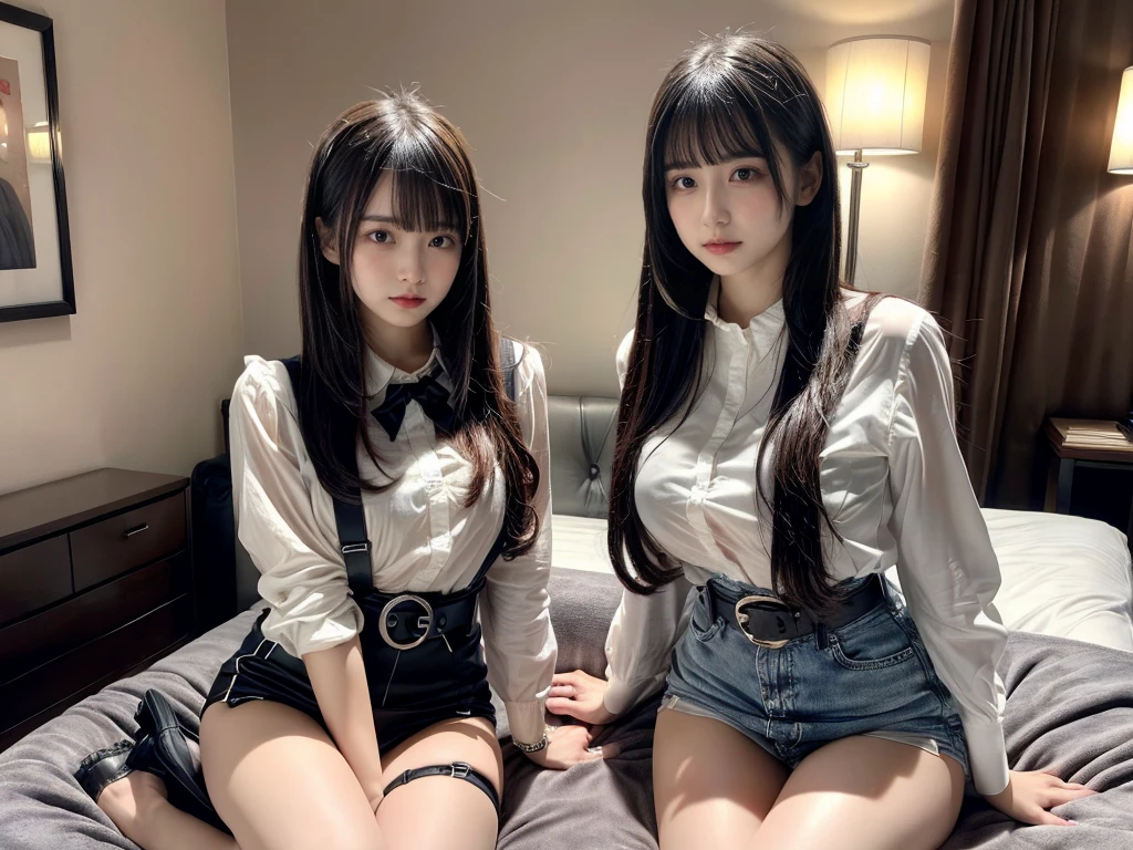 master piece, best quality, illustration, Super detailed, fine details, High resolution, 8K,wall paper, perfect dynamic composition,(Details High quality, realistic depiction of eyes:1.3),((2 girls)), (Fashionable, a belt black suspenders, Aside Cutter Shirt, a miniskirt, garterbelts), short bob hair, large breasts, black hair color, Big Natural Color Lip, (perfect body shape), Touching each other's bodies,Touching the body of the girl next door,crying a little、Harajuku style、20 year old girl、beautiful legs, hotel room, Gravure Idol, Voluptuous thighs, (woman on top, straddling, sitting)