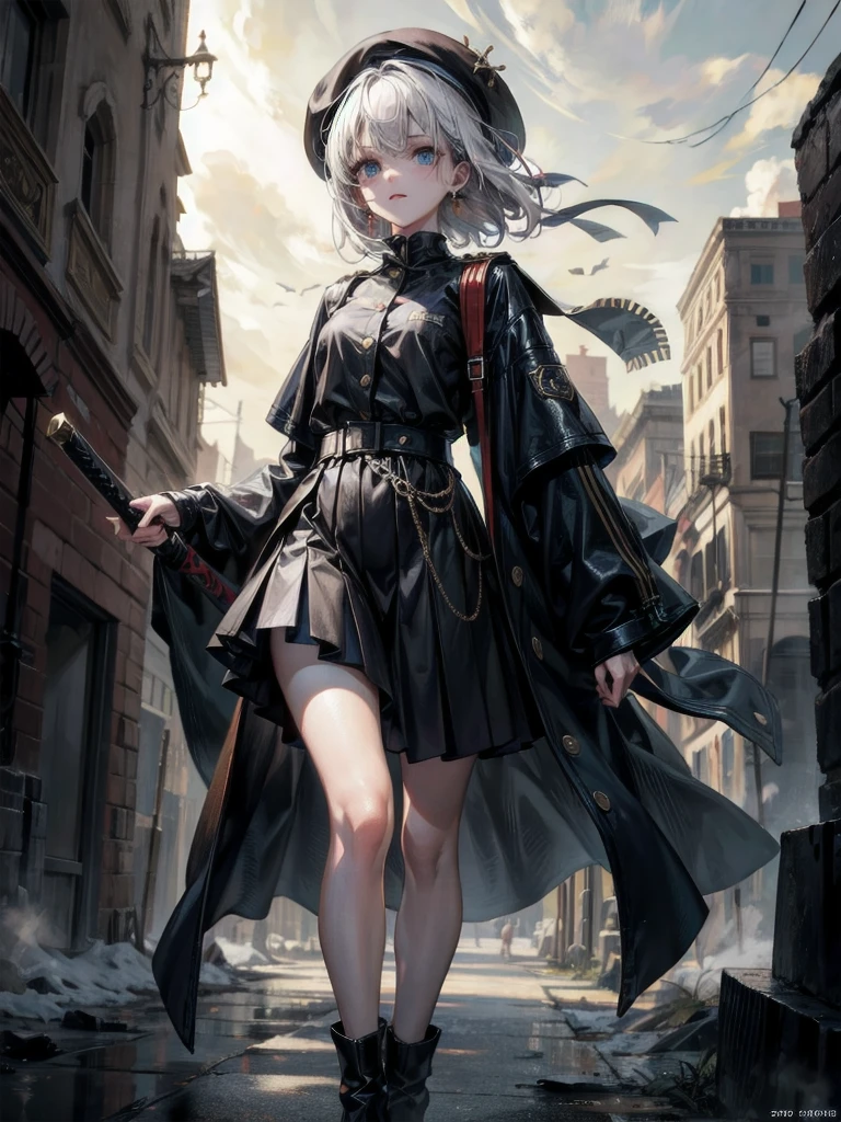 whole body, beret, skirt, uniform, holding a sword, night, (in ruined city), absurdres, RAW photo, extremely delicate and beautiful, masterpiece, Best Quality, ultra high resolution, 32k, hyperrealistic, ultra-detailed, perfect figure, perfect shape, detailed description, pale skin, 20 years old, detailed beautiful face and eyes, tearful mole, earring, short medium hair, wavy hair, 