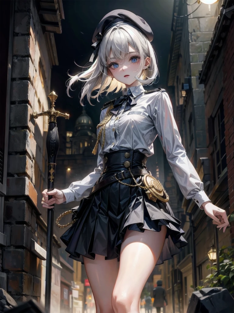 whole body, beret, skirt, uniform, holding a sword, night, (in ruined city), absurdres, RAW photo, extremely delicate and beautiful, masterpiece, Best Quality, ultra high resolution, 32k, hyperrealistic, ultra-detailed, perfect figure, perfect shape, detailed description, pale skin, 20 years old, detailed beautiful face and eyes, tearful mole, earring, short medium hair, wavy hair,