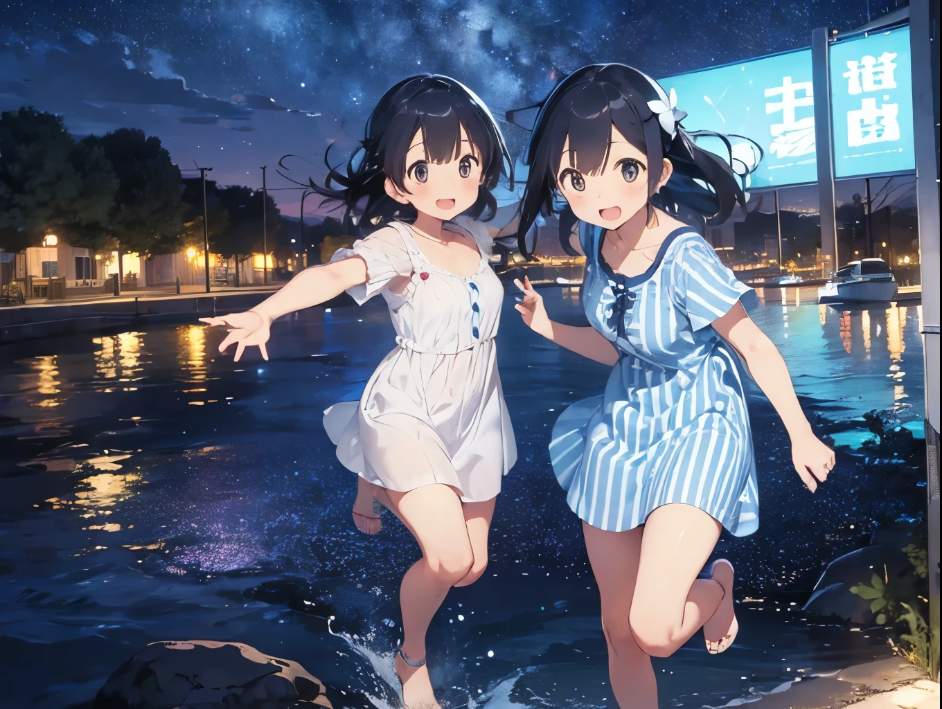 Big Dipper、Night view of the port town and starry sky、Light blue striped shirt dress、Sandals for bare feet、Sisters flipping each other&#39;s skirts、ワンピースがふわりとめくれてCute white underwearが見える、Cute white underwear