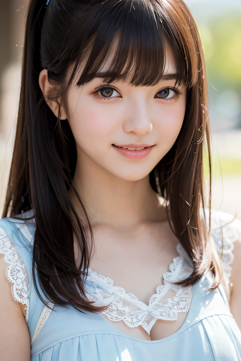brightexpression、photorealistic stick:1.32、highest quality、超A high resolution、Photos of the most beautiful Japan girls、cute and beautiful face details、small face、(Pueros face_V1:0.008)、Beautiful bangs、18 years old、Brilliant white skin、hair gets tangled in face、Bangs that reach down to the face、bangs、hair between eyes、super long hair、charming brown silky hair、bright、Clear light blue eyes shine charmingly、ample 、Dynamic poses highest quality、disorganized、((the cutest girl in the world))、Japanese、18 years oldの女の子、Cafe、((lace dress:1.3))、(half up hair:1.3)、(tie with a thin ribbon)、nice and cute、innocent smile、nice smile、cleavagreasts:1.3brown hair、thin waist、detailed beautiful eyes、face forward、Upper body、close up of face、Front view、