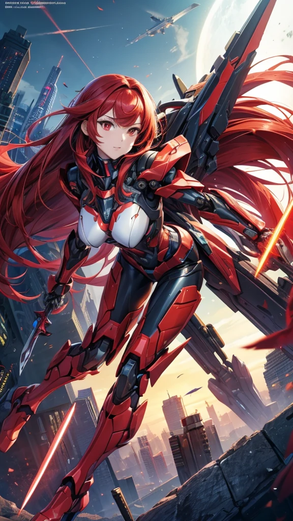 Female mecha with long straight red hair,Female robot , Sci-fi fluorescent armor, Chest,mechanical joint，wing，thigh， High heel, sci-fi sword，City