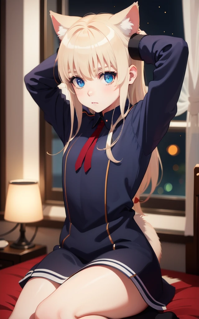1 girl,cat girl,confident,soft smile,sitting in bed,black sailor uniform,tight,white socks,outstretched arms,tail,cat ears
BREAK
((masterpiece)), (top quality), (best quality), (((ultra-detailed, 8k quality))), (large masterpiece digital art), (detailed line art), ((perfect anatomy)), extremely detailed body, extremely detailed finger, best hands, perfect face,perfect ears, beautiful face, (blush), extremely detailed eyes, ((expressive eyes)), gradient eyes, beautiful eyes,glowing eye pupils,perfect ears,perfect eyes, perfect fingers,perfect nails,
BREAK
(intricate background of room decorations), bedroom space,night atmosphere,black light, bokeh lighting,1 window,1 mirror,bed,pov eye
