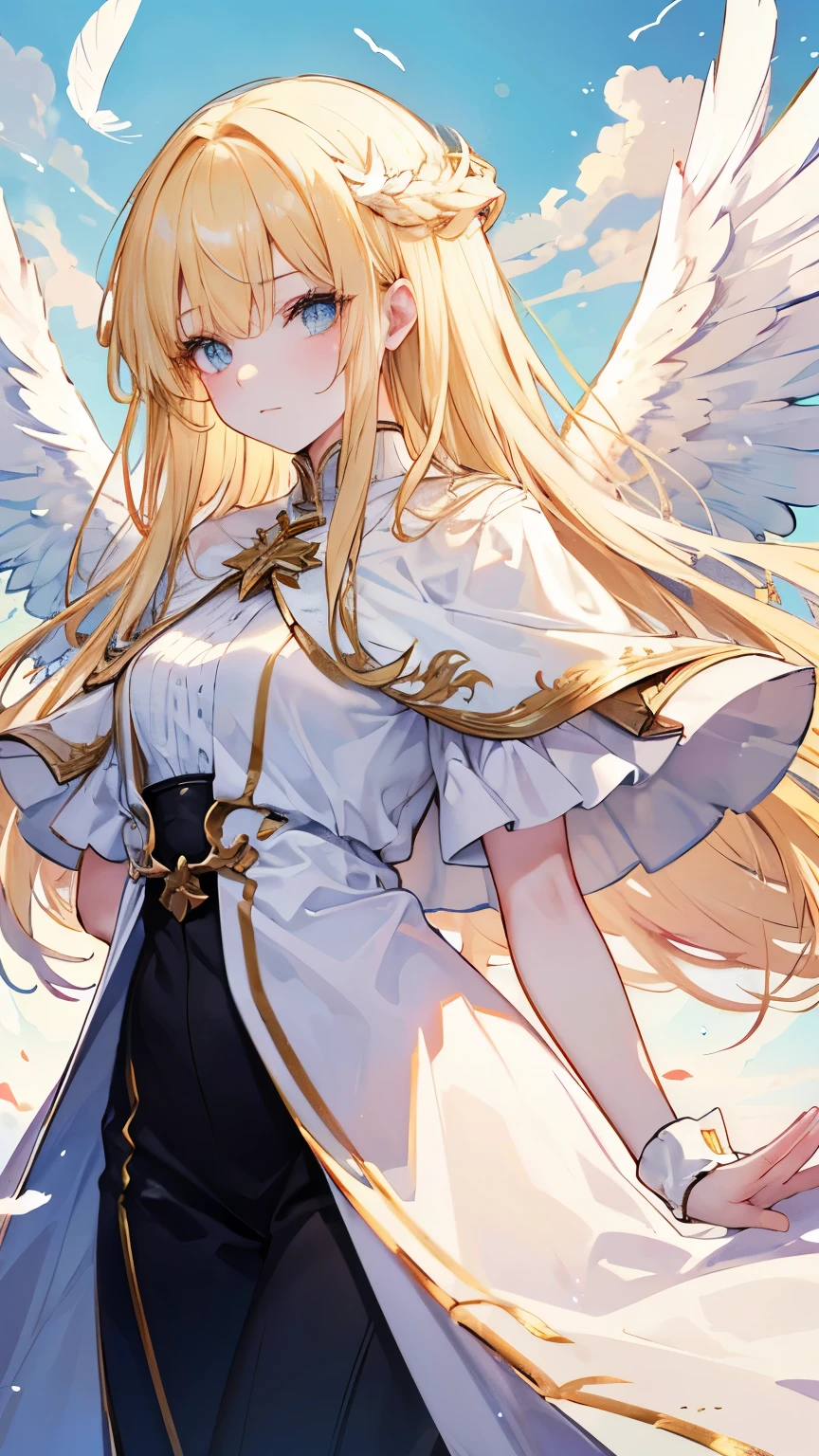 gorgeous adult woman, blonde hair, bangs, perfect eyes, soft light, high quality, 4k resolution, ((angel)), An angel with wings on his back, an angel descending from the sky, feathers scattered in the background, light shining from above, at Cathedral