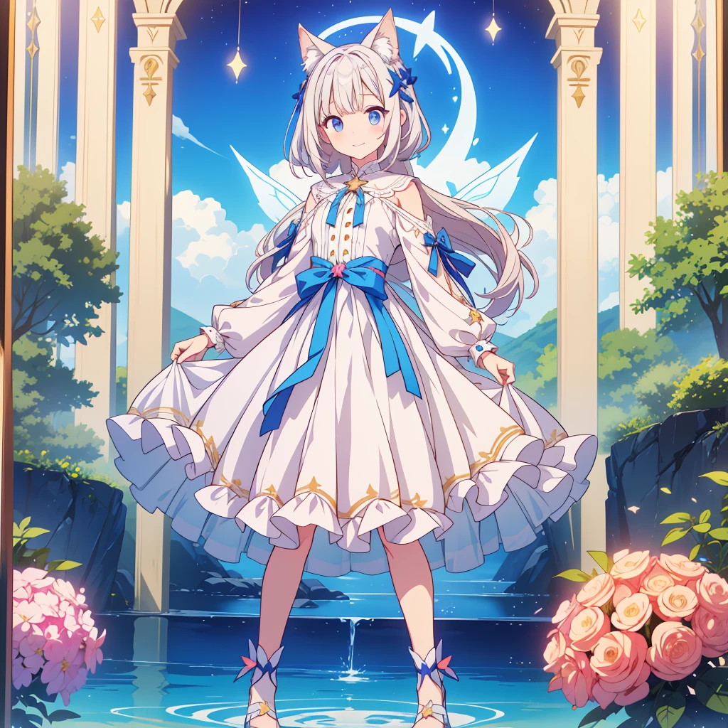 1girl、Star Fairy、vtuber-fullbody、highest quality、Masterpiece、Official Art、Award-winning works、Super detailed、Handsome face、Short bangs above eyebrowilky white straight long hair、Super detailedな目、Standing in front of the viewer、Focus on the face、smile、