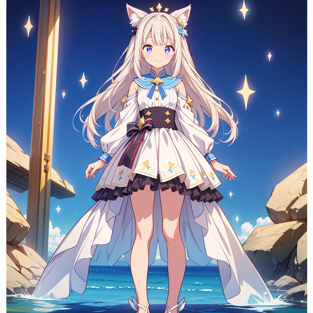 1girl、Star Fairy、vtuber-fullbody、highest quality、Masterpiece、Official Art、Award-winning works、Super detailed、Handsome face、Short bangs above eyebrowilky white straight long hair、Super detailedな目、Standing in front of the viewer、Focus on the face、smile、