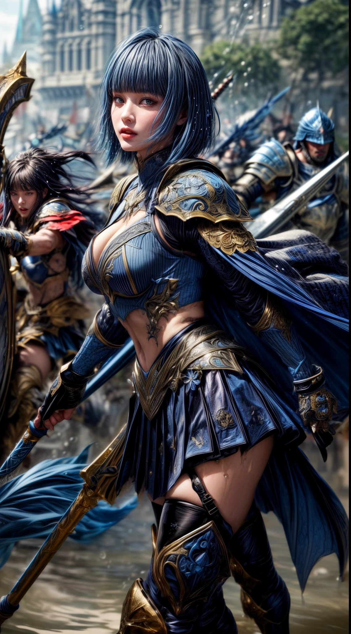 Very beautiful woman、Slender women、(Detailed face)、Realistic Skin、((Water Knight)), ((Navy Blue Armor))、((((Black armor with very fine and intricate decoration:1.1))))、((Delicate photo))，(Girl Astepeace RAW Photo Details:1.25), (highest quality:1.6), (超A high resolution:1.5), (Realistic:1.75), 8K resolution, Canon EOS R5, 50mm, Absurd, Ultra-detailed,Cinema Lighting,((battlefield))、((battle))、(((Navy Skirt with Embellishments)))、Thigh-high socks、Shin Guards、((Dark blue hair))、((Bowl cut hairstyle with bangs))、Get six-pack、Cape、Beautiful Armor、(((Has a huge weapon)))、(In combat)、The wind is blowing、((Symmetrical Armor))、((((Splash))))、(((Leading a large group of blue knights:1.2)))、Banner、Armor with a dragon motif、(((Battle Scene)))