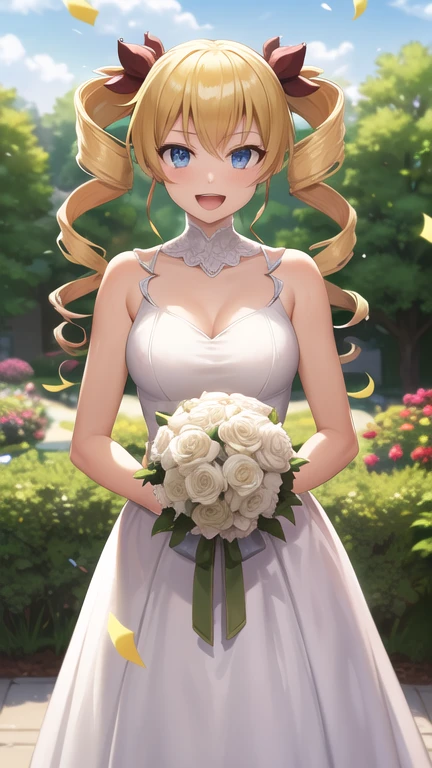 masterpiece, best quality, highres, Claire Harvey, long hair, twintails, twin drills, hair ribbon, wedding dress, standing, garden, confetti, holding bouquet, smile, open mouth,