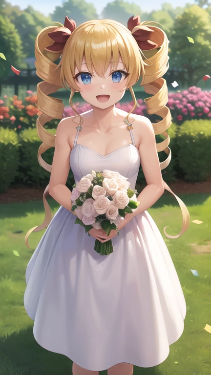 masterpiece, best quality, highres, Claire Harvey, long hair, twintails, twin drills, hair ribbon, wedding dress, standing, garden, confetti, holding bouquet, smile, open mouth,