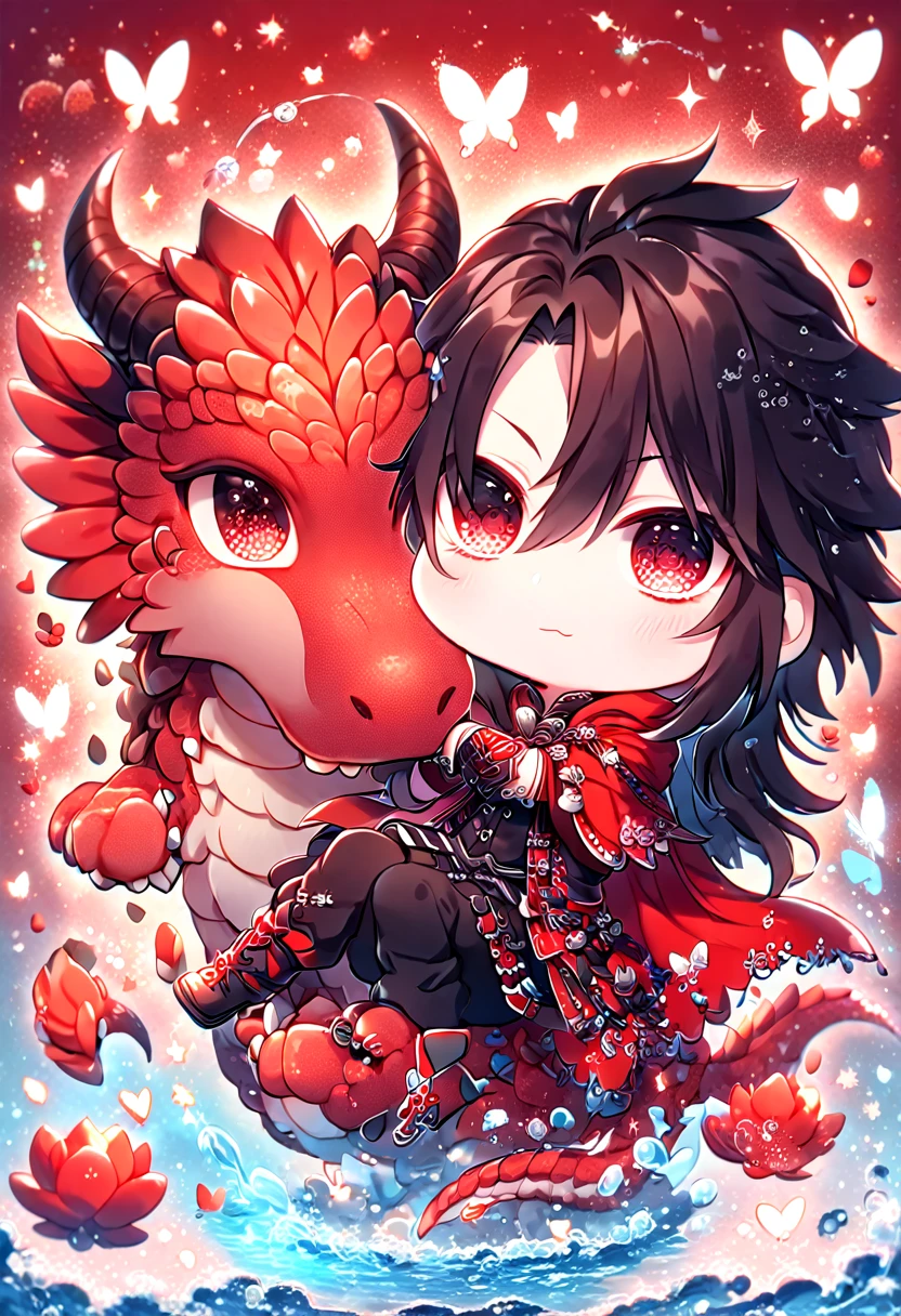 absurdres, highres, ultra detailed, HDR, master piece, best quality, Vincent Valentine chibi, black long hair, expressive red eyes, final fantasy dirge of cerberus, cute, hugging a red dragon, red cape, black clothes, patterns, magical, fantasy, red background, red lotus, shining, red petals, red sparkling butterflies, water