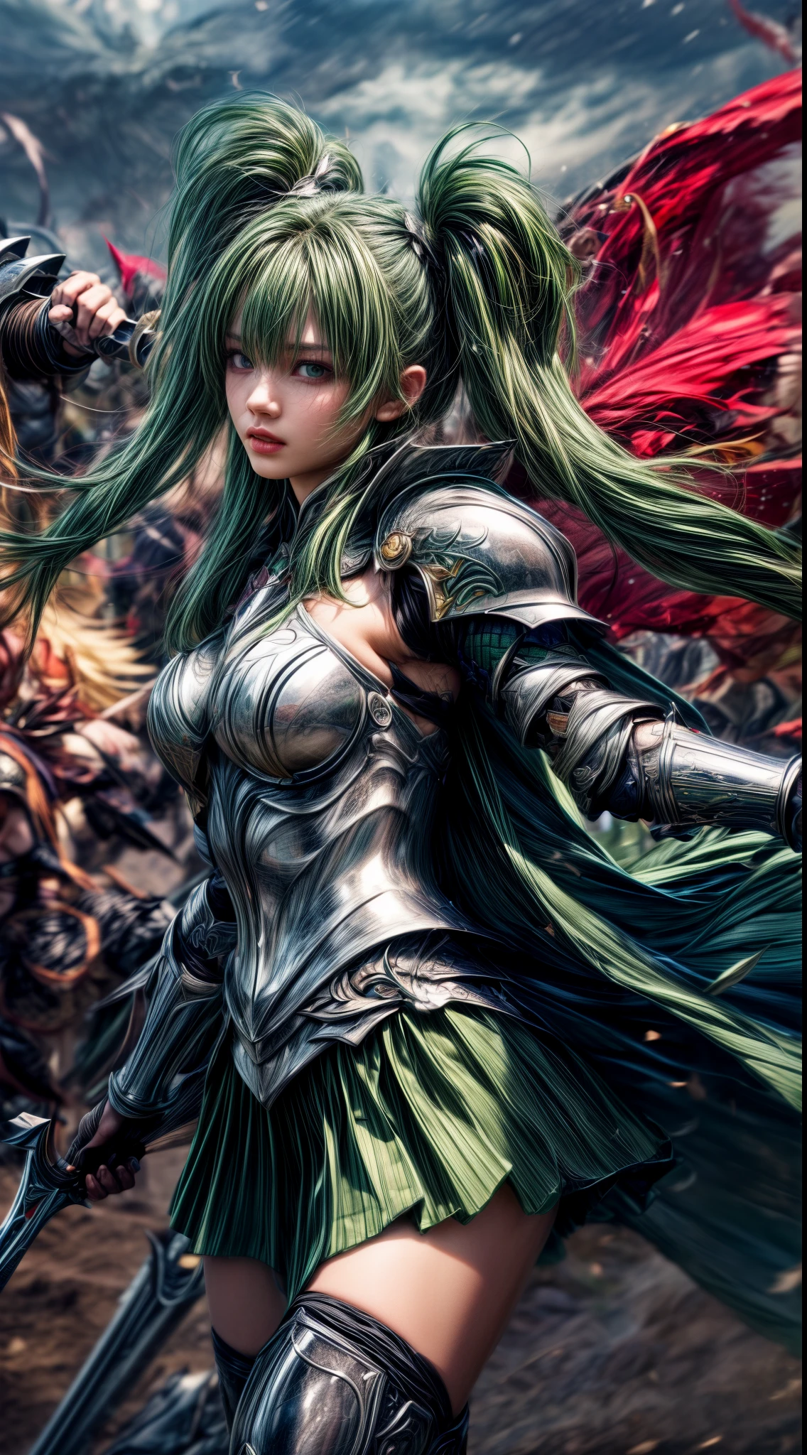 Very cute 、No makeup、Slender、(((low length)))、(Detailed face)、Realistic Skin、((Wind Knight)), ((Dark Green Armor))、((((Very delicate and delicately decorated armor:1.1))))、((Delicate photo)),(Girl Astepeace RAW Photo Details:1.25), (highest quality:1.6), (超A high resolution:1.5), (Realistic:1.75), 8K resolution, Canon EOS R5, 50mm, Absurd, Ultra-detailed,Cinema Lighting,((battlefield))、((battle))、(((Decorative green skirt)))、Thigh-high socks、Shin Guards、((Dark green hair))、((Low Twintails))、((Hairstyle with bangulticolored Hair))、Get six-pack、Cape、Beautiful Armor、(((Has a huge weapon)))、(In combat)、The wind is blowing、((Symmetrical Armor))、((((tornado))))、(((Leading a large group of knights:1.2)))、Banner、Lion-themed armor、(((Battle Scene)))