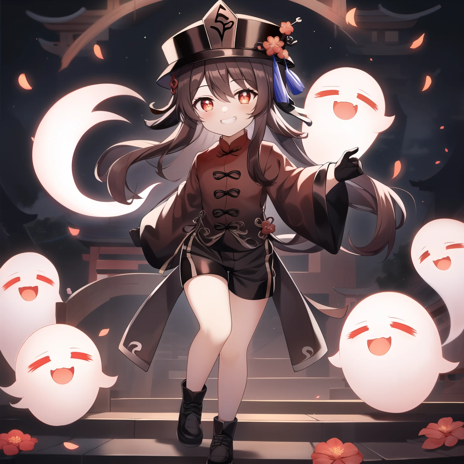 Hu Tao,1 Girl,have,ghost,Smile,brown hair,Double tail,flower,looking at the audience,long hair,Solitary,Red Eyes,Red Cliff,Long sleeve,whole body,Symbol-shaped pupil,Gloves,Grin,Black headdress,Chinese clothes,Bangs,shorts,flower-shaped pupils,porkpie have,have flower,walk,