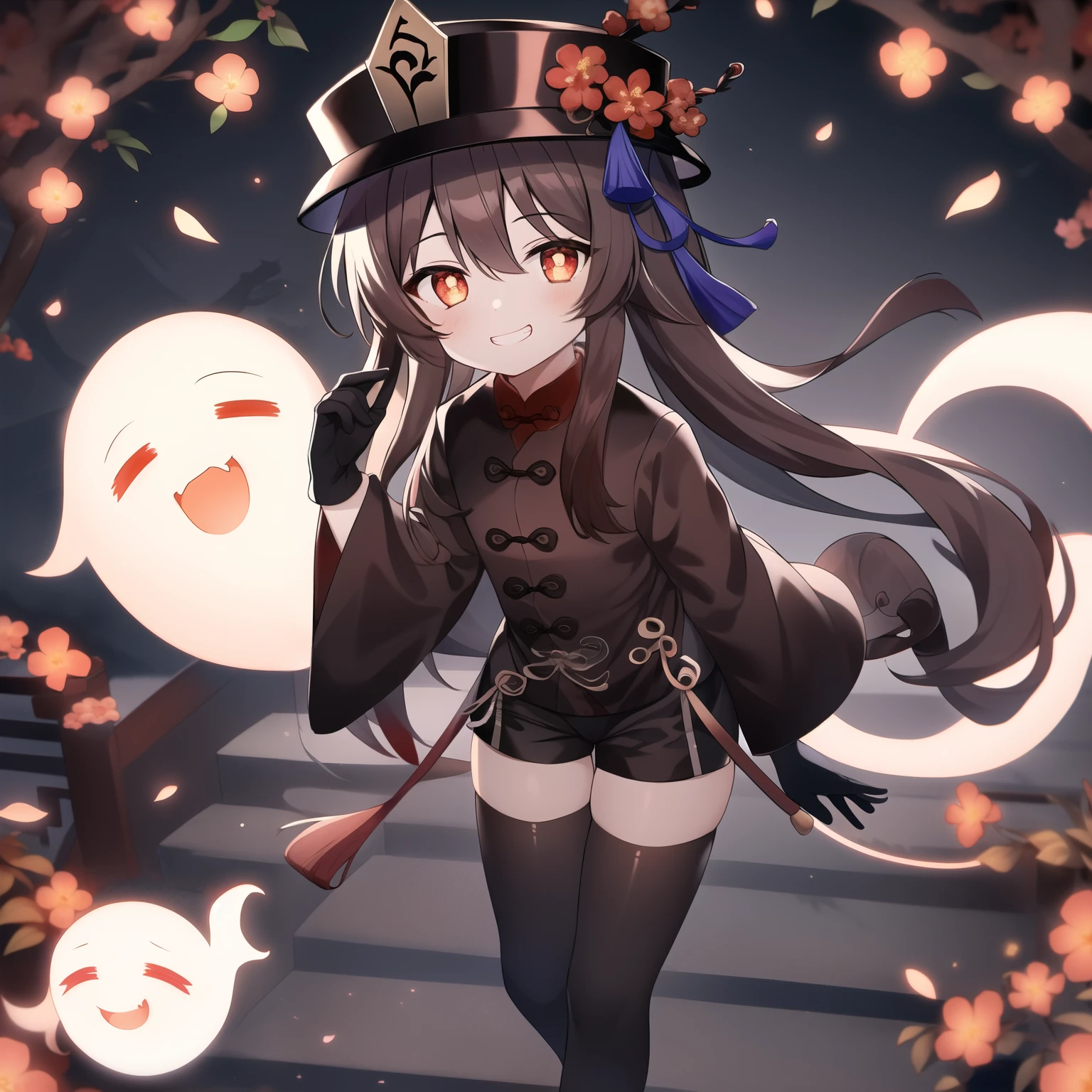 Hu Tao,1 Girl,have,ghost,Smile,brown hair,Double tail,flower,looking at the audience,long hair,Solitary,Red Eyes,Red Cliff,Long sleeve,whole body,Symbol-shaped pupil,Gloves,Grin,Black headdress,Chinese clothes,Bangs,shorts,flower-shaped pupils,porkpie have,have flower,walk,