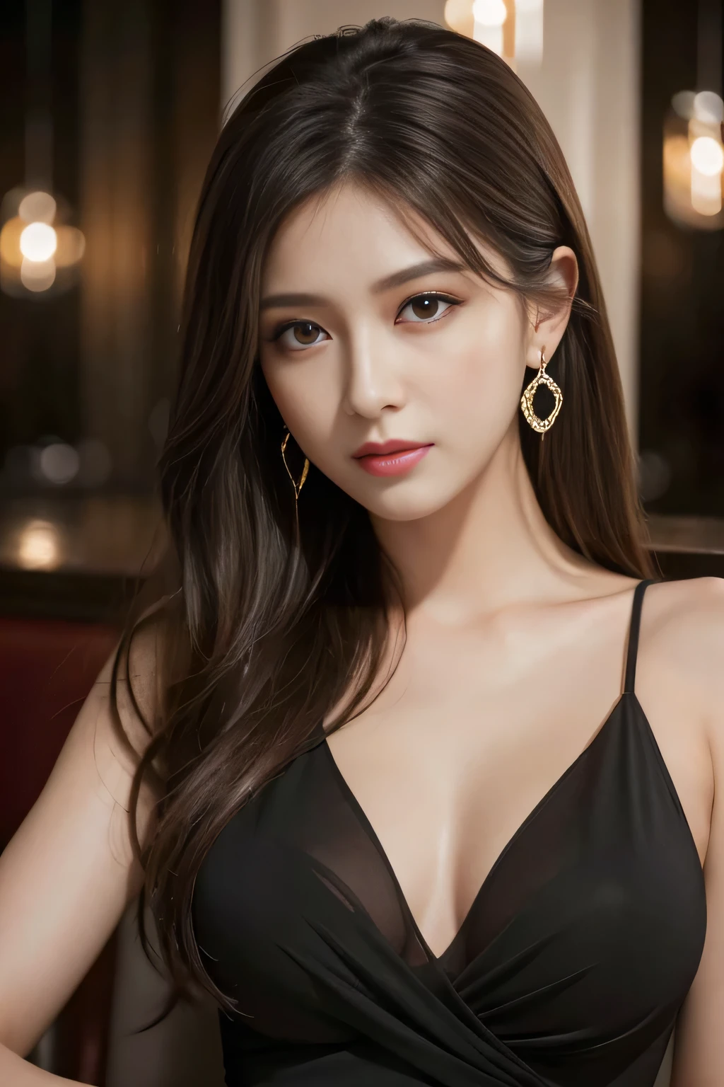 masterpiece, highest quality, Realistic, Very detailed, Finer details, High resolution, 8k wallpaper, One beautiful woman, Wear an elegant black see-through shirt, In a great restaurant, At night, Light brown messy hair、 Perfect dynamic composition, Beautiful and beautiful eyes、Big earrings