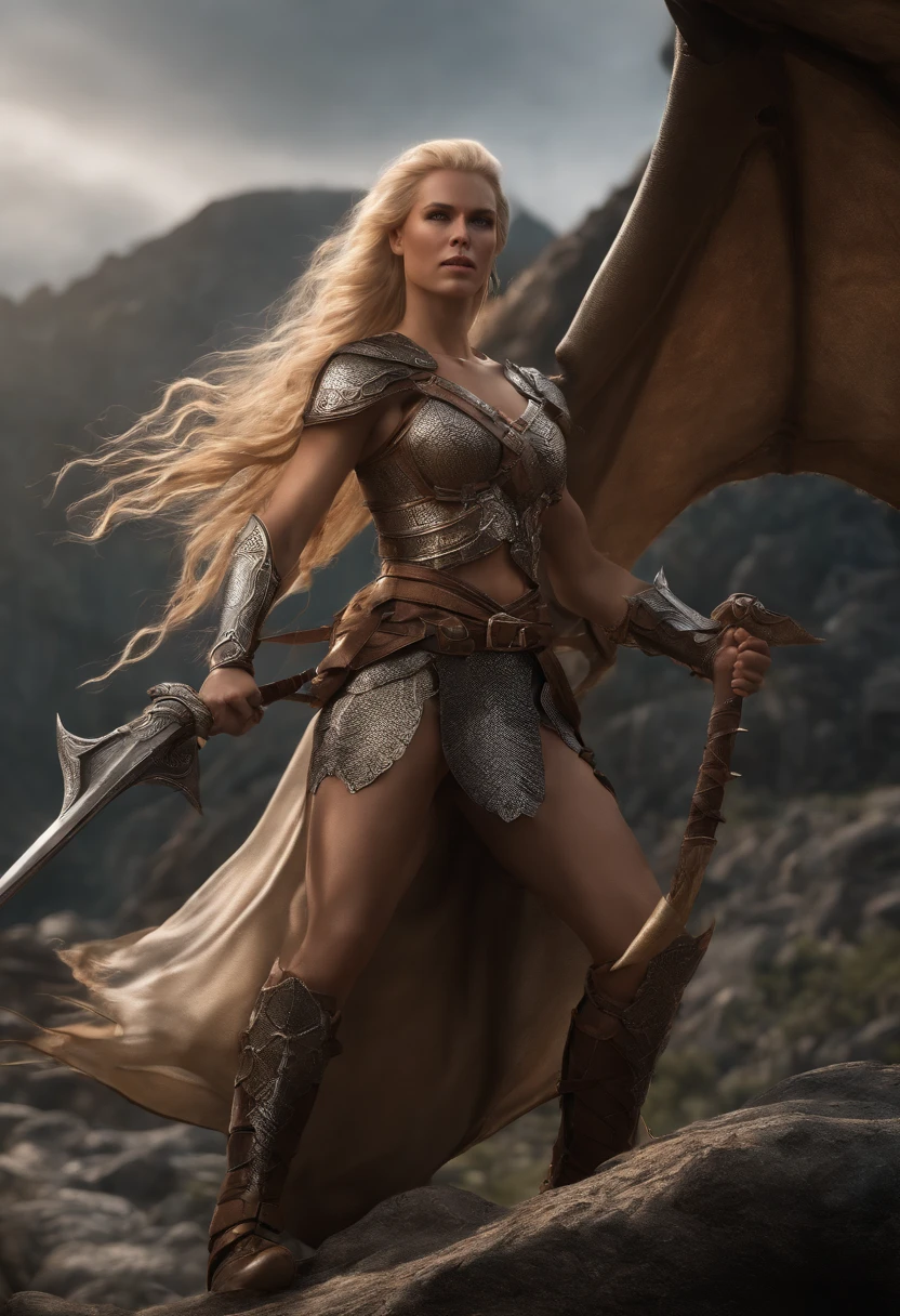 Dungeon Maiden & dragon, long braid blonde hair, Couro de whole body e armadura de pele sem metal, Grab the spear, Big muscles,Her chest is spilling out of her huge armor、Glamour、 down, Realistic and highly detailed rendering style,Dungeons&Dragons, 8k, Fine grain, Perfect Eyes, narrative poem , dramatic , kind, whole bodyesbian , intricate design and details, Dramatic lighting, Hyper Photorealism, Realistic, Cinematic, 8k, Detailed face, Dramatic Photos,Amazing photo, whole body,wild,
