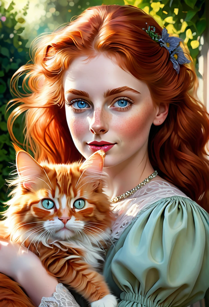 red-haired girl [Elizabeth II:Maude Adams:0.45] with a full sized  red mainecoon cat, (best quality, masterpieces, ultra-detailed), beautiful detailed eyes, beautiful detailed lips, longeyelashes, vibrant colors, illustrative style, oil painting texture, flowing red hair, cozy garden background, soft sunlight, lively expression, joyful interaction with the cat, dynamic pose, realistic rendering.