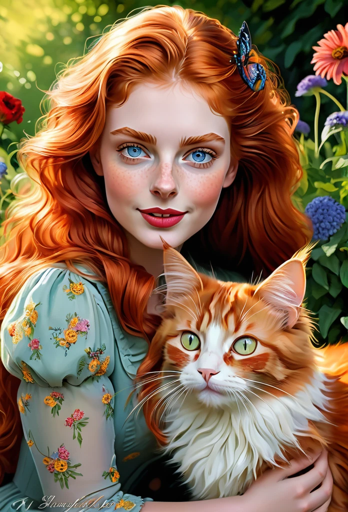 red-haired girl [Elizabeth II:Maude Adams:0.45] with a full sized  red mainecoon cat, (best quality, masterpieces, ultra-detailed), beautiful detailed eyes, beautiful detailed lips, longeyelashes, vibrant colors, illustrative style, oil painting texture, flowing red hair, cozy garden background, soft sunlight, lively expression, joyful interaction with the cat, dynamic pose, realistic rendering.