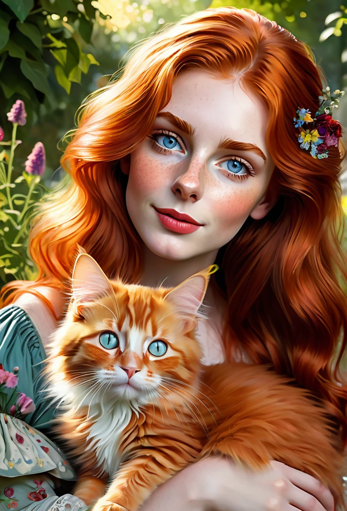 red-haired girl [Elizabeth II:Maude Adams:0.45] with a full sized  red mainecoon cat, (best quality, masterpieces, ultra-detailed), beautiful detailed eyes, beautiful detailed lips, longeyelashes, vibrant colors, illustrative style, oil painting texture, flowing red hair, cozy garden background, soft sunlight, lively expression, joyful interaction with the cat, dynamic pose, realistic rendering.