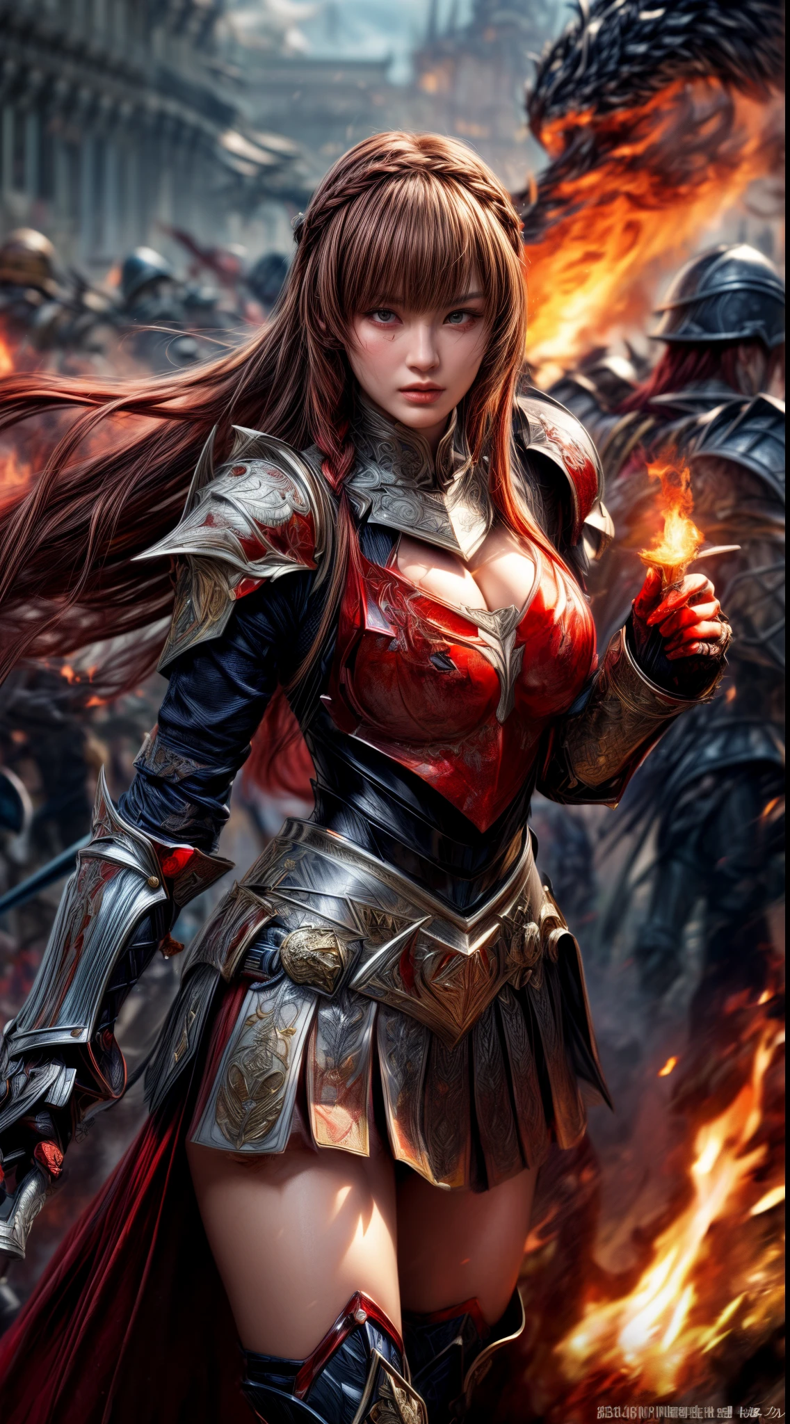 Very beautiful woman、Slender women、(Detailed face)、Realistic Skin、((Knight of Fire)), (((Crimson armor:1.25)))、((((Black armor with very fine and intricate decoration))))、((Delicate photo)),(Girl Astepeace RAW Photo Details:1.25), (highest quality:1.6), (超A high resolution:1.5), (Realistic:1.75), 8K resolution, Canon EOS R5, 50mm, Absurd, Ultra-detailed,Cinema Lighting,Battlefields of Medieval Europe、((battle))、RPG World、Final Fantasy、(((Embellished skirt)))、Thigh-high socks、Shin Guards、night、((too long bangs))、((One long thick dark red hair braid))、Get six-pack、Torn Cloak、Beautiful Armor、(((Giant Sword)))、In combat、The wind is blowing、(((Inferno filling the entire area)))、(((Leading a large group of red knights)))、(((Knight Commander)))、Armor with a Phoenix motif、Old scar on right cheek:1.2、((Fire blaze))、(((Intense action scenes)))