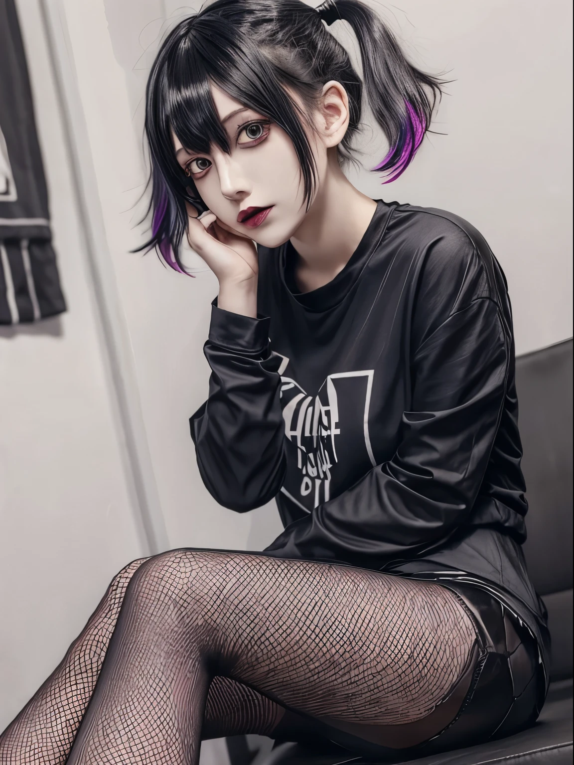 1girl, masterpiece, fishnet leggings, goth, skinny, colorful hair, bedhead, black shirt, sitting, short pigtails, bangs, short hair