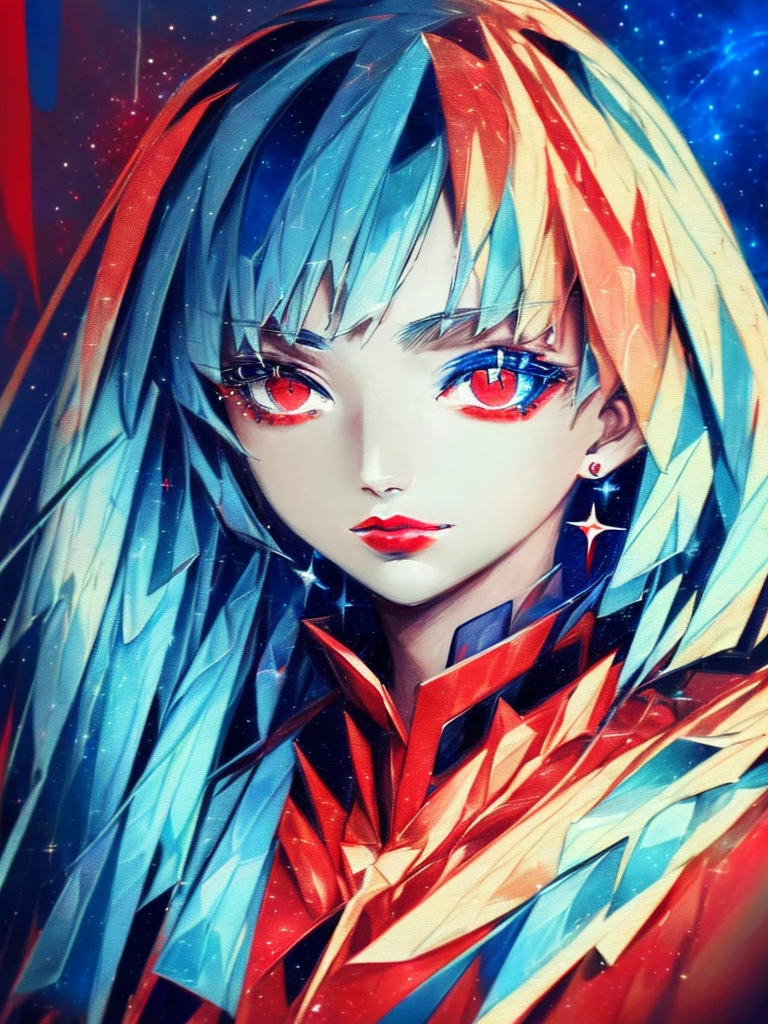 Complex writing、(Masterpiece:1.6)、((((Close-up of a person with red and blue background:1.6), portrait of a cosmic entity, strange portrait with galaxy, in the astral plane ))), (Detailed eyes, Eyes Like Gems, Sparkling eyes:1.3)、astral appearance, galactic dmt entity, nebula aura surrounding subject, glowing black aura, cosmic entity, galactic entity, galactic deity, cosmic horror entity, high quality astral、projection rendering, portrait of a cosmic god, astral ethereal