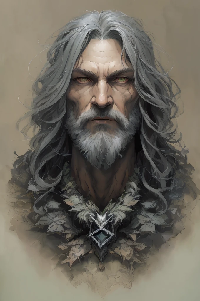 High Angle detailed ((dnd druid man portrait)), Continued , HD, (oil painting:1.1), (comic book art style:1.5),(inked outline:1.3), Stunning, Character, Portrait, (((Looking Sideways))), angular features, (dark grey Graduated Bob Hair), (muted natural colors:1.3) in painterly style by Jean Baptiste Monge