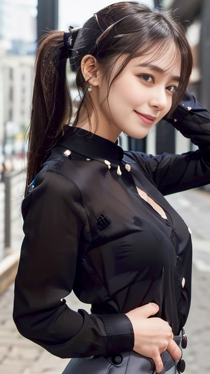 company employee、(Body turned to the side、Shooting from the side、Looking to the side,Shooting from the side:1.6),Not looking here、(General shirt、Wearing a white blouse、Wearing a typical business suit),(The fourth button on her blouse is slightly open.,Only the fourth button is open、All buttons except the fourth button are closed、Chest visible through the gap in the button、The edge of the bra is visible through the gap between the buttons.:1.5),Mid-chest、slender、ponytail、Black Hair、Beauty、23 years old、cute、smile、(Long shirt:1.8),Tuck the shirt into the skirt、Cleavage、see-through bra