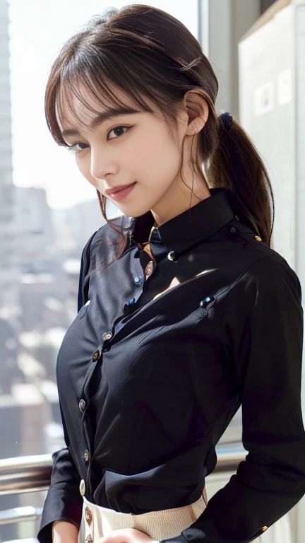 company employee、(Body turned to the side、Shooting from the side、Looking to the side,Shooting from the side:1.6),Not looking here、(General shirt、Wearing a white blouse、Wearing a typical business suit),(The fourth button on her blouse is slightly open.,Only the fourth button is open、All buttons except the fourth button are closed、Chest visible through the gap in the button、The edge of the bra is visible through the gap between the buttons.:1.5),Mid-chest、slender、ponytail、Black Hair、Beauty、23 years old、cute、smile、(Long shirt:1.8),Tuck the shirt into the skirt