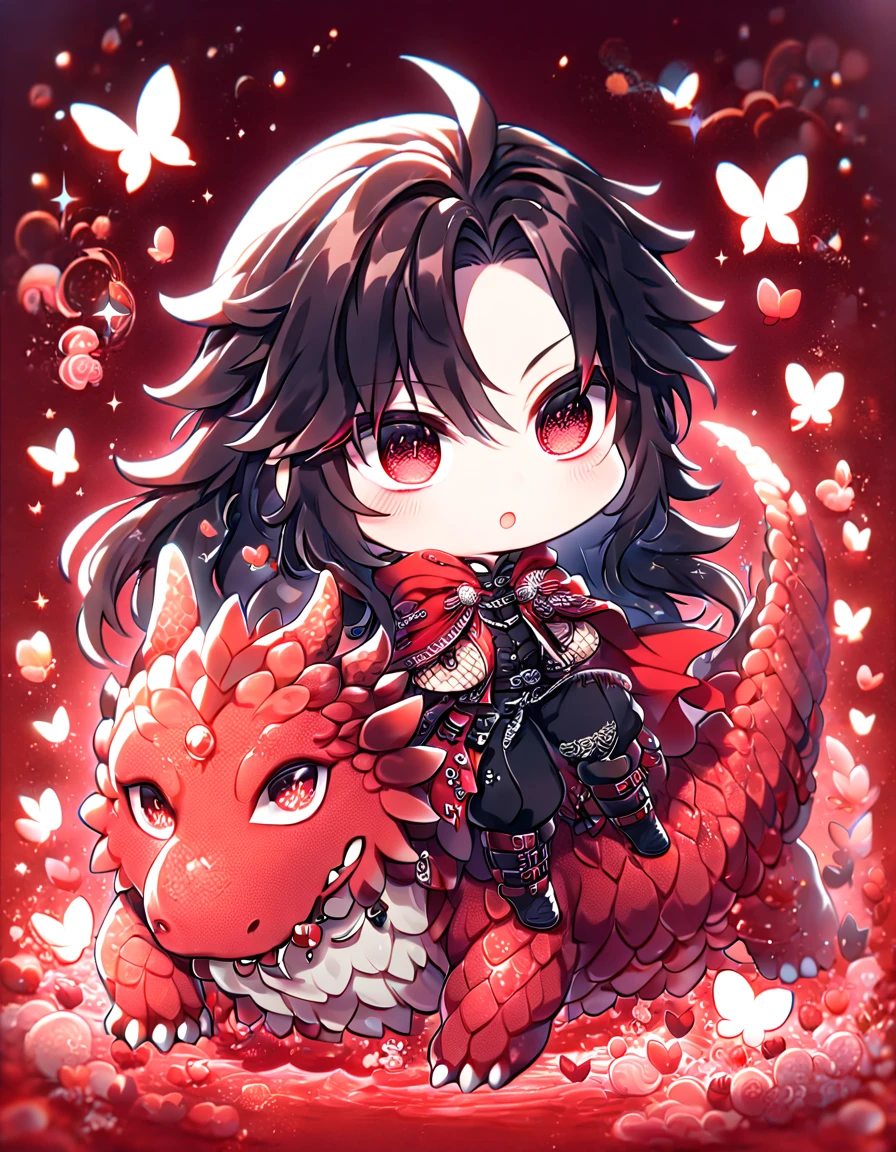 absurdres, highres, ultra detailed, HDR, master piece, best quality, Vincent Valentine chibi, black long hair, expressive red eyes, final fantasy dirge of cerberus, cute, hugging a red dragon, red cape, black clothes, patterns, magical, fantasy, red background, red lotus, shining, red petals, red sparkling butterflies, red water