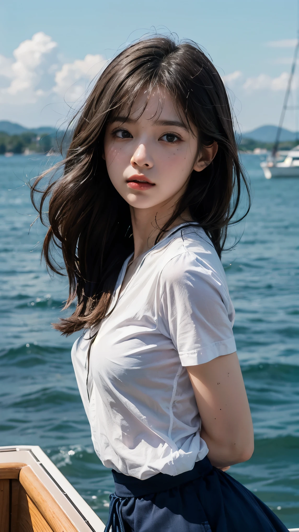 8k, Raw photo, highest quality, masterpiece:1.2), masterpiece, highest quality, figure, Very detailed, Fine details, High resolution, 8k,wallpaper, Perfect dynamic composition,(Detailed high quality, Realistic depiction of eyes:1.3)、 Woman、Arms wrapped around his back, hands tie behind back, Crouching on the deck of a yacht at sea、White panties are visible、The strong wind is messing up my hair、Wearing a short-sleeved shirt、Wearing a long skirt、whole body、The whole thing faces forward、21talent、Beauty、Well-formed face、Make your eyes even、Beautiful black hair、Has bangs、Well-balanced proportionedium build、Beautiful legs、Refreshing small face、Beautiful scenery、