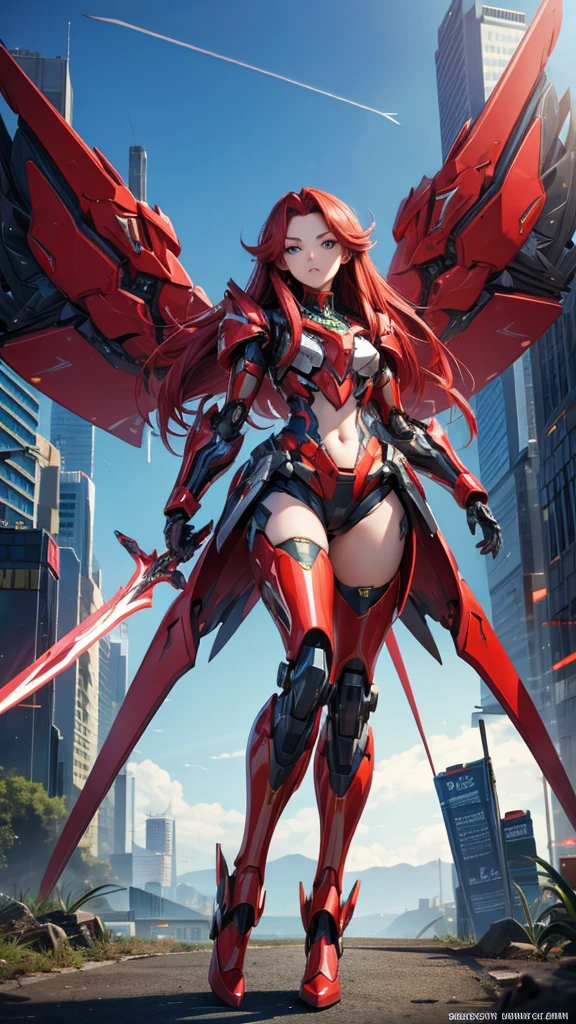 Female mecha with long straight red hair,Female robot , Sci-fi fluorescent armor, Chest,mechanical joint,wing,thigh, High heel, Standing,sci-fi sword,City