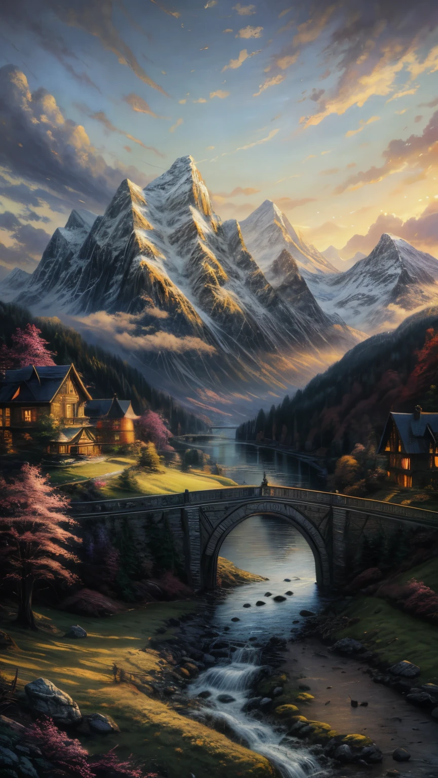 Painting of a mountain landscape with a bridge and a river, Beautiful Art UHD 4K, Detailed painting 4k, Landscape painting, Beautiful Oil Painting Mat, Landscape painting 詳細, dream scenery art, Fantasy Art Landscape, Beautiful digital painting, Amazing artwork in 8K, ファンタジーLandscape painting, 4K Matt Thomas Kinkade, Thomas Kinkade-style painting