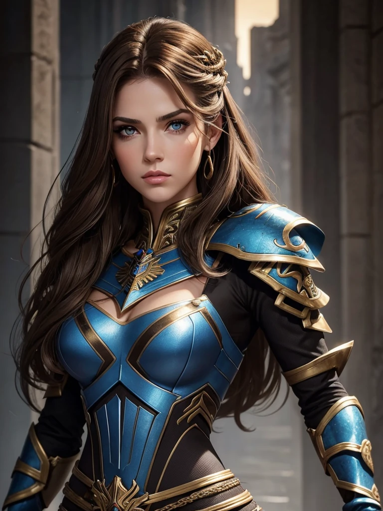 Mujer devastadoramente hermosa, with golden brown hair and sharp blue-gray eyes. She has full lips with defined features and a slim build. She has impeccable posture and is very tall., a menudo descrita como una reina por derecho propio. Guerrera. Valkiria. Mirada intimidante