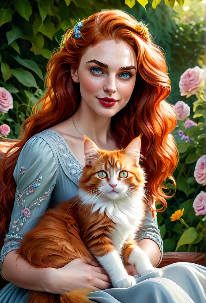 red-haired girl [Elizabeth II:Gal Gadot:0.45] with a full sized  red mainecoon cat, (best quality, masterpieces, ultra-detailed), beautiful detailed eyes, beautiful detailed lips, longeyelashes, vibrant colors, illustrative style, oil painting texture, flowing red hair, cozy garden background, soft sunlight, lively expression, joyful  with the cat, dynamic pose, realistic rendering.