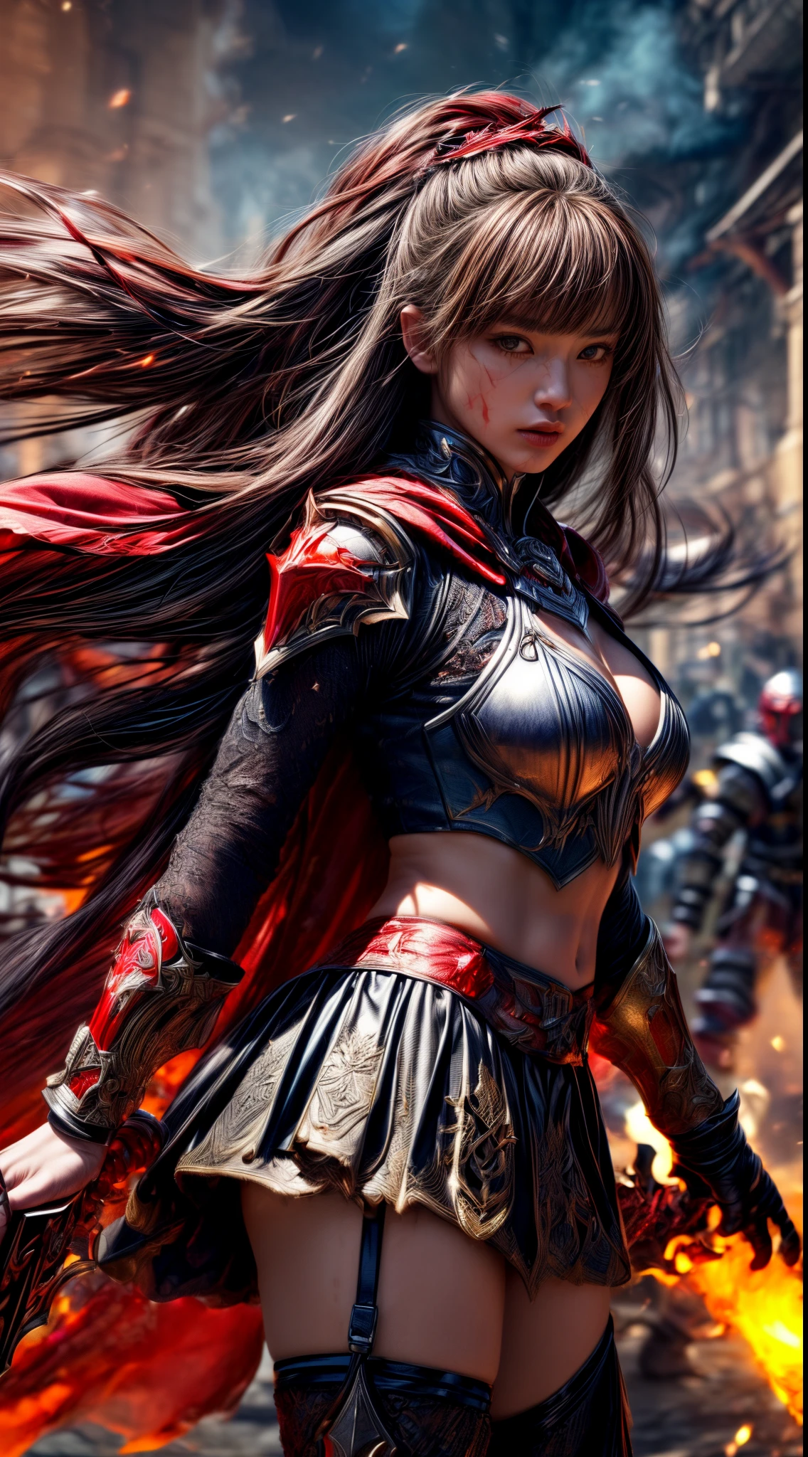 Very beautiful woman、Slender women、(Detailed face)、Realistic Skin、((Knight of Fire)), (((Crimson armor:1.25)))、((((非常に繊細で繊細な装飾が施されたCrimson armor:1.5))))、((Delicate photo)),(Girl Astepeace RAW Photo Details:1.25), (highest quality:1.6), (超A high resolution:1.5), (Realistic:1.75), 8K resolution, Canon EOS R5, 50mm, Absurd, Ultra-detailed,Cinema Lighting,Battlefields of Medieval Europe、((battle))、RPG World、Final Fantasy、(((Embellished skirt)))、Thigh-high socks、Shin Guards、night、((too long bangs))、((One long thick dark red hair braid))、Get six-pack、Torn Cloak、Beautiful Armor、(((Giant Sword)))、In combat、The wind is blowing、(((Inferno filling the entire area)))、(((Leading a large group of red knights)))、(((Knight Commander)))、Armor with a Phoenix motif、Old scar on right cheek:1.2、((Fire blaze))、(((Intense action scenes)))