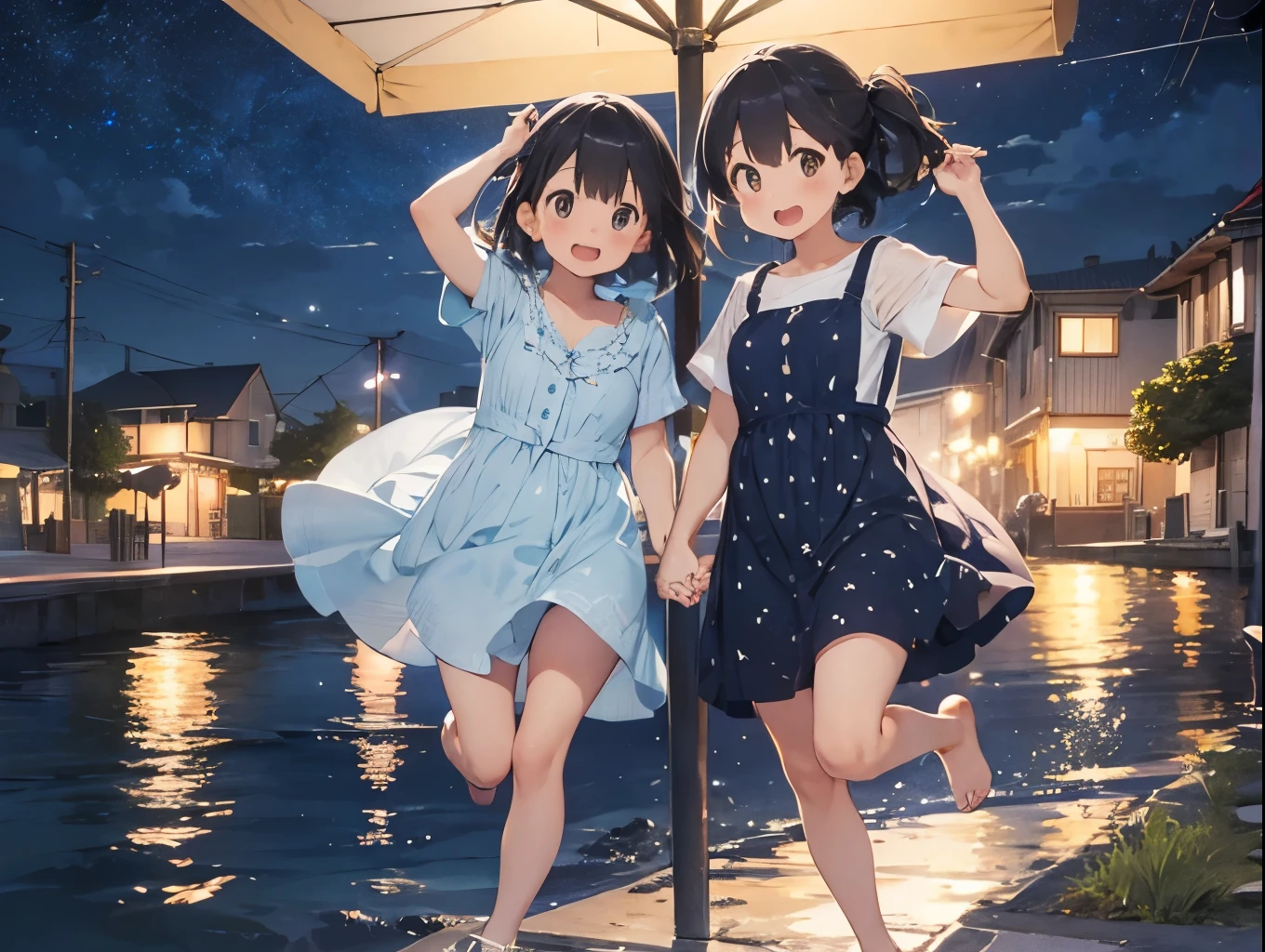 Big Dipper、Night view of the port town and starry sky、Light blue striped shirt dress、Sandals for bare feet、Sisters flipping each other&#39;s skirts、ワンピースがふわりとめくれてCute white underwearが見える、Cute white underwear