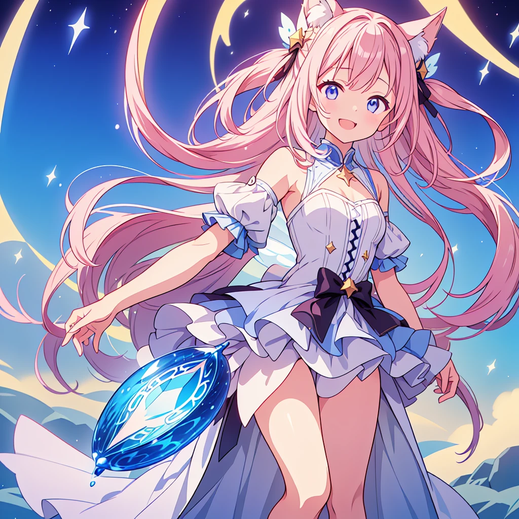 1girl、Star Fairy、vtuber-fullbody、highest quality、Masterpiece、Official Art、Award-winning works、Super detailed、Handsome face、Short bangs above eyebrowilky white straight long hair、Super detailedな目、Standing in front of the viewer、Focus on the face、smile、
